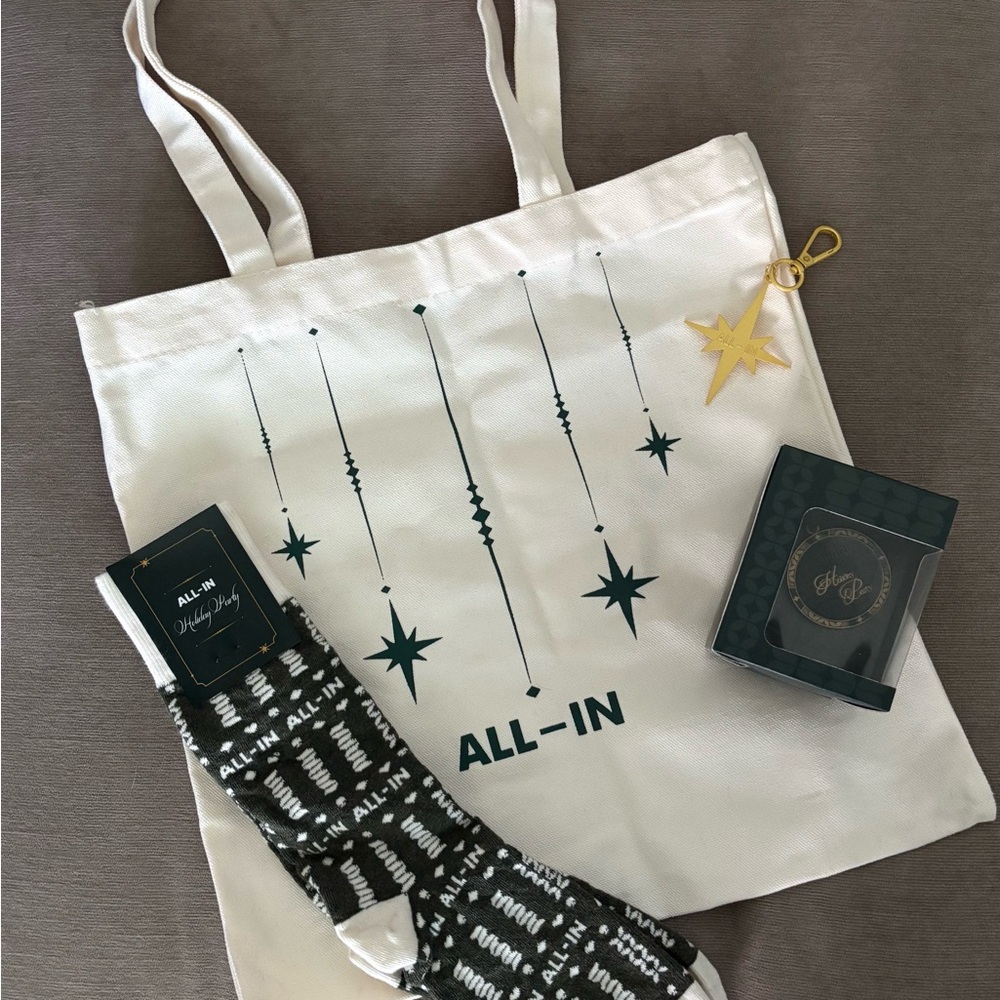 ALL-IN Podcast Swag Holiday Party Canvas Tote, Socks, Ornament, Trinket